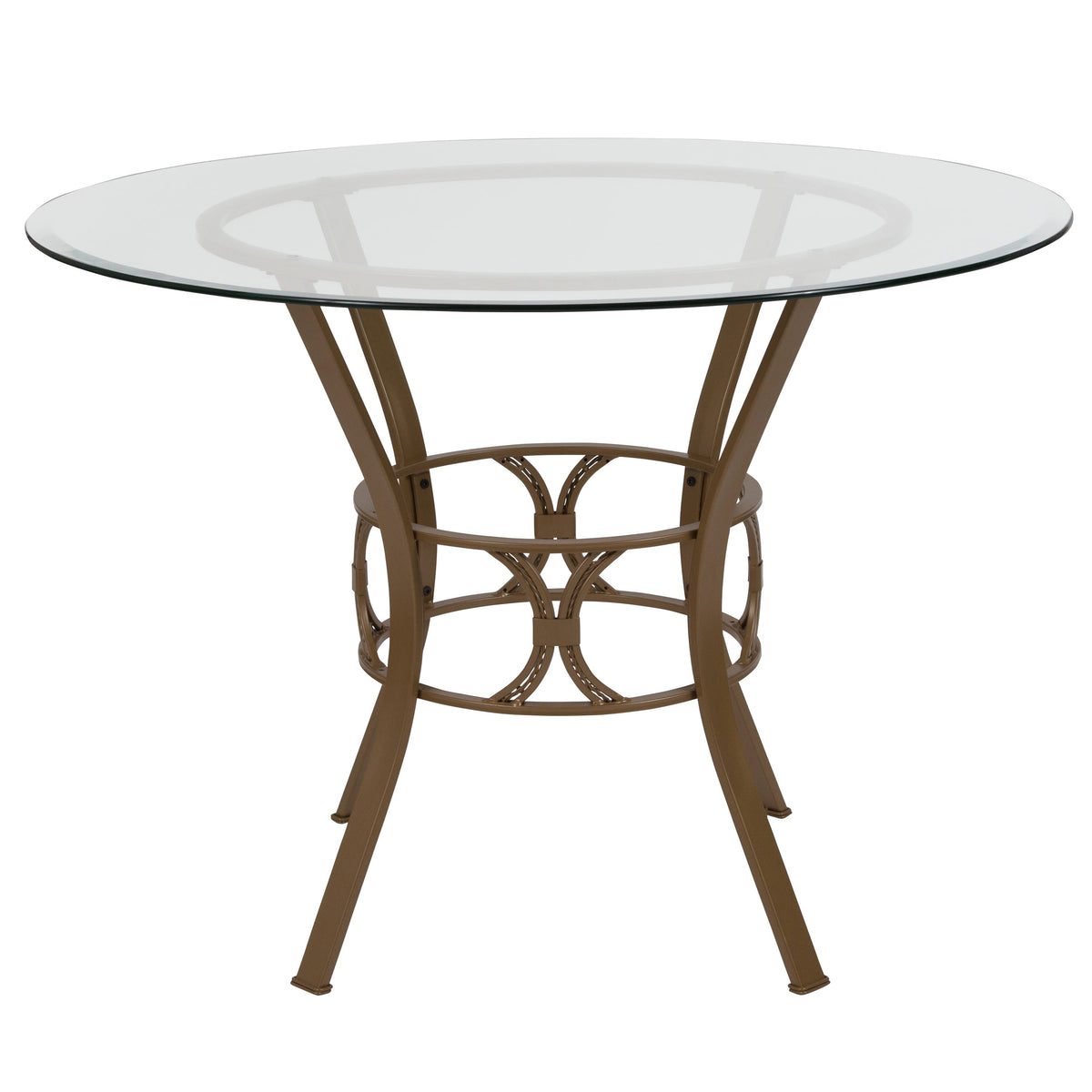 Clear Top/Matte Gold Frame |#| 42inch Round Glass Dining Table with Crescent Style Matte Gold Metal Frame