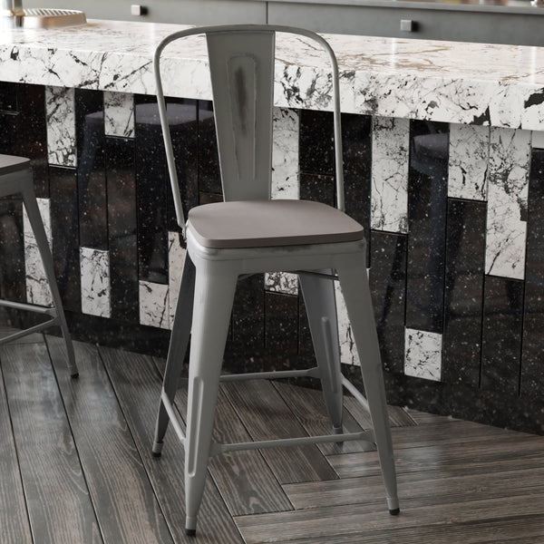 Silver Gray/Gray |#| All-Weather Counter Height Stool with Poly Resin Seat - Silver/Gray