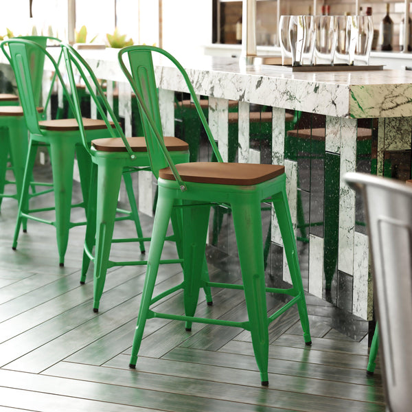 Green/Teak |#| All-Weather Counter Height Stool with Poly Resin Seat - Green/Teak