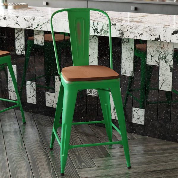 Green/Teak |#| All-Weather Counter Height Stool with Poly Resin Seat - Green/Teak