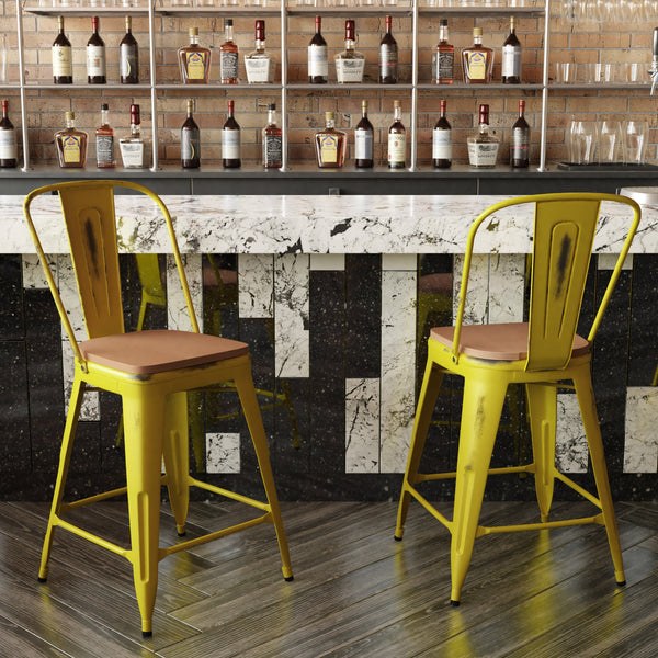 Yellow/Teak |#| All-Weather Counter Height Stool with Poly Resin Seat - Yellow/Teak