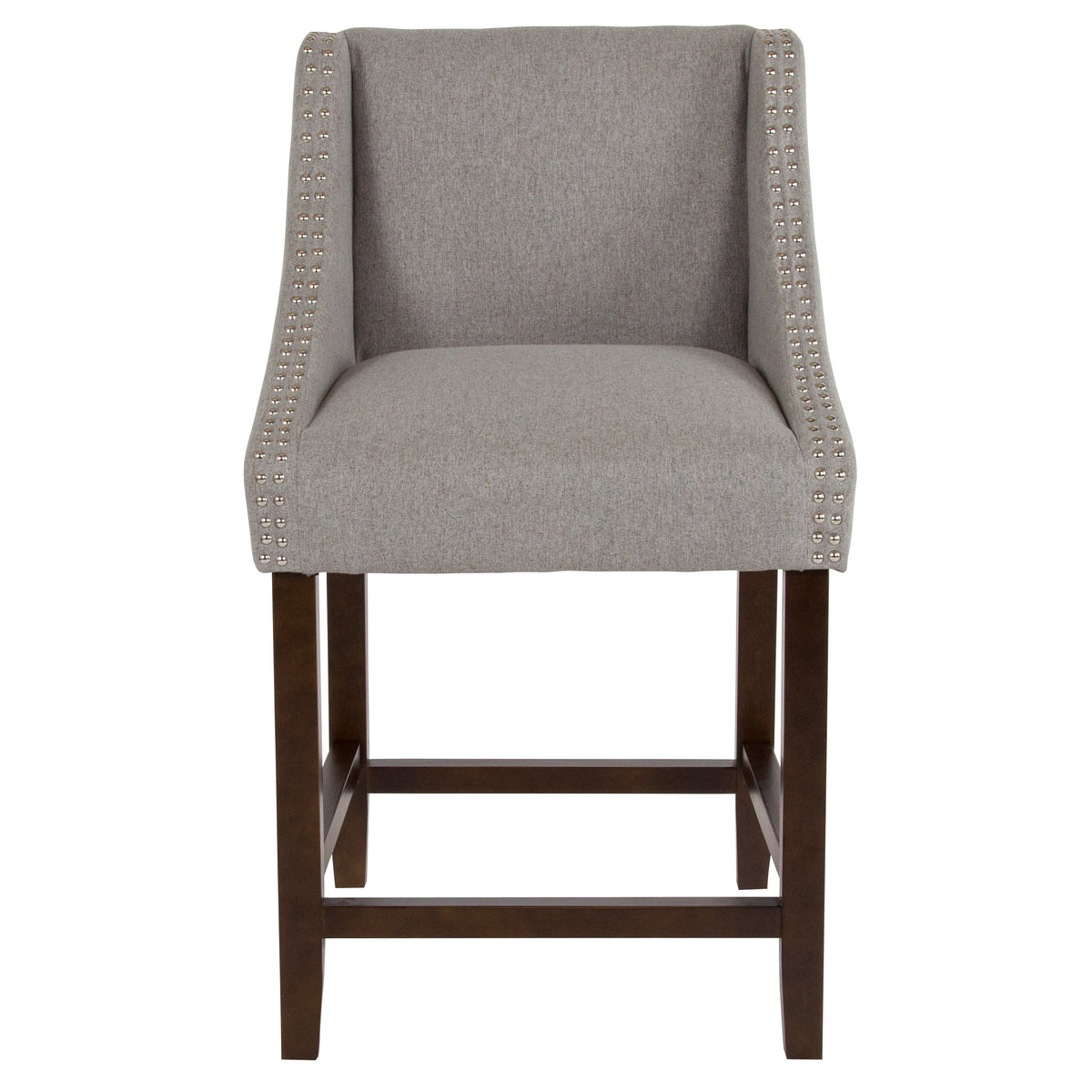 Light Gray Fabric |#| 24inchH Walnut Counter Stool with Accent Nail Trim - Light Gray Fabric