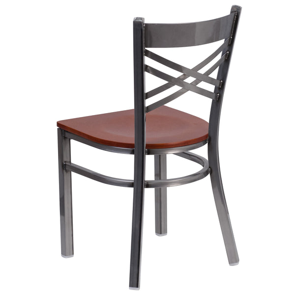 Cherry Wood Seat/Clear Coated Metal Frame |#| Clear Coated inchXinch Back Metal Restaurant Chair - Cherry Wood Seat