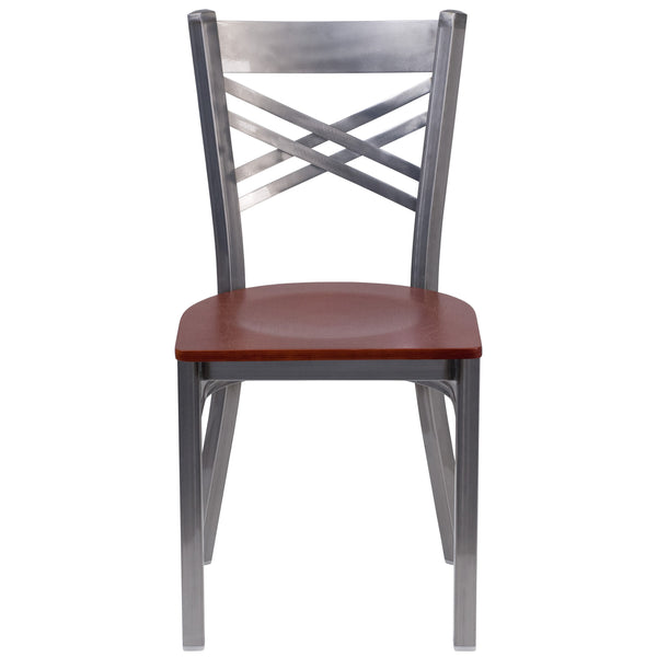 Cherry Wood Seat/Clear Coated Metal Frame |#| Clear Coated inchXinch Back Metal Restaurant Chair - Cherry Wood Seat