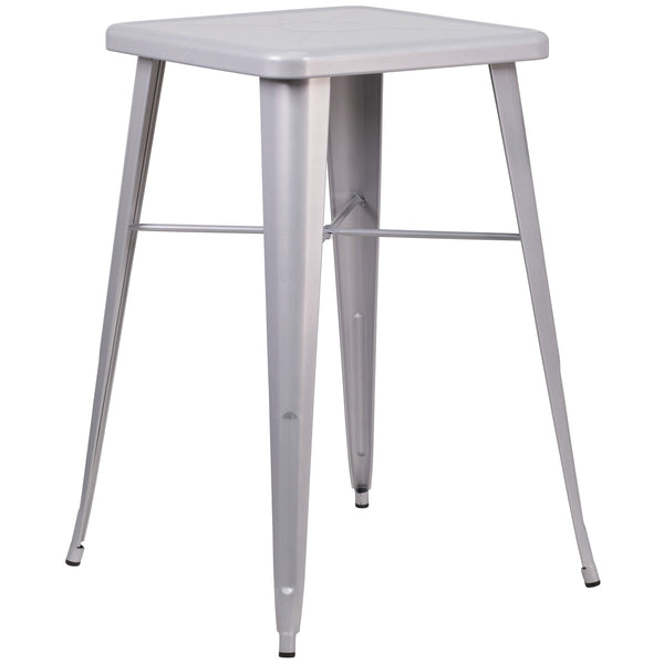 Silver |#| 23.75inch Square Silver Metal Bar Table Set with 2 Square Seat Backless Stools