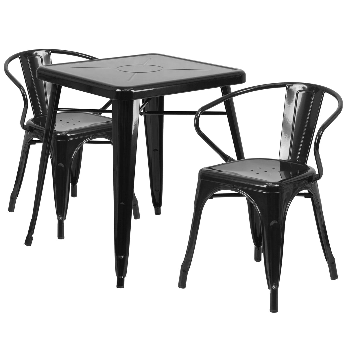 Black |#| 23.75inch Square Black Metal Indoor-Outdoor Table Set with 2 Arm Chairs