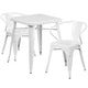 White |#| 23.75inch Square White Metal Indoor-Outdoor Table Set with 2 Arm Chairs