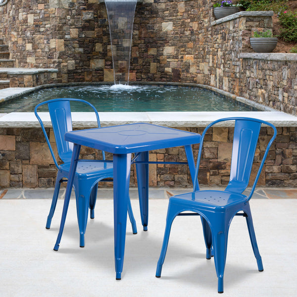 Blue |#| 23.75inch Square Blue Metal Indoor-Outdoor Table Set with 2 Stack Chairs