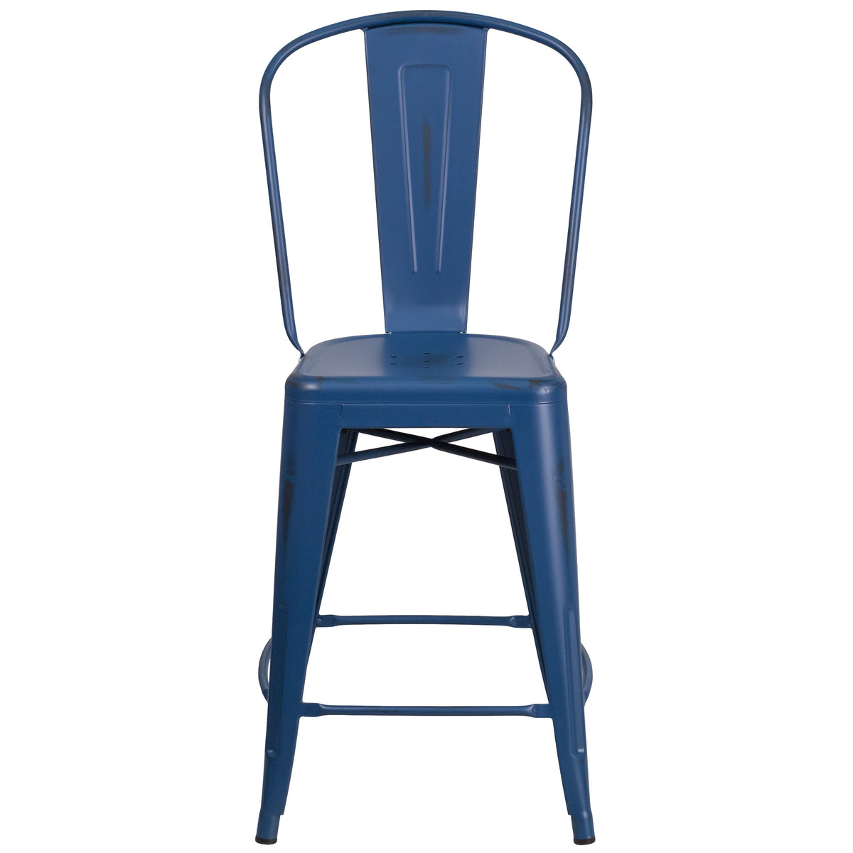 Antique Blue |#| 24inch High Distressed Aged Blue Metal Indoor-Outdoor Counter Height Stool w/ Back