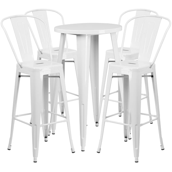 White |#| 24inch Round White Metal Indoor-Outdoor Bar Table Set with 4 Cafe Stools
