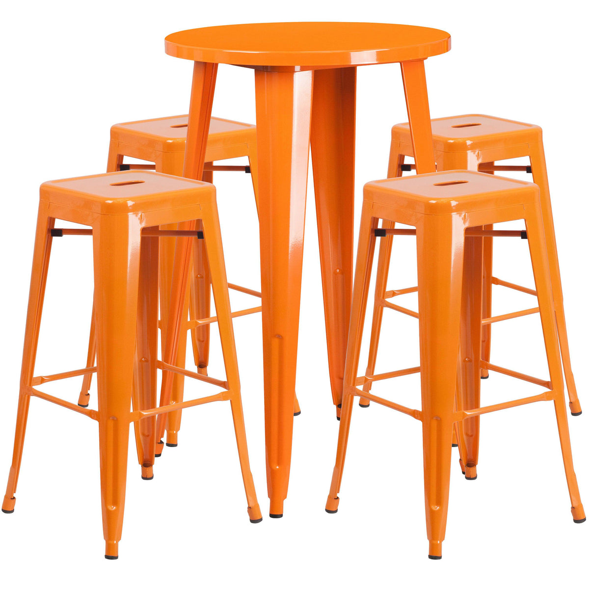 Orange |#| 24inch Round Orange Metal Indoor-Outdoor Bar Table Set with 4 Backless Stools