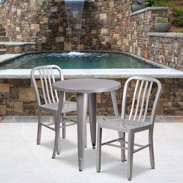 Silver |#| 24inch Round Silver Metal Indoor-Outdoor Table Set w/ 2 Vertical Slat Back Chairs