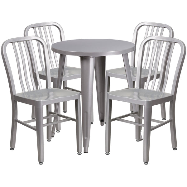 Silver |#| 24inch Round Silver Metal Indoor-Outdoor Table Set w/ 4 Vertical Slat Back Chairs