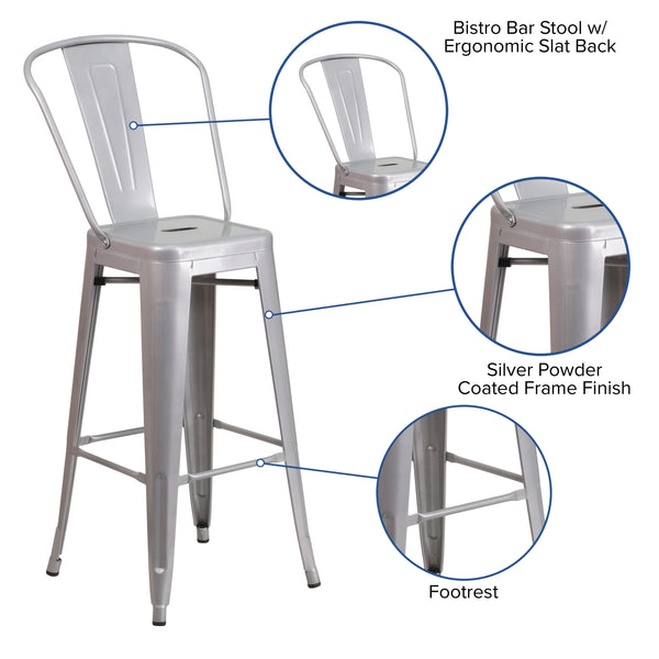 Silver |#| 30inch High Silver Metal Indoor-Outdoor Barstool with Back - Kitchen Furniture