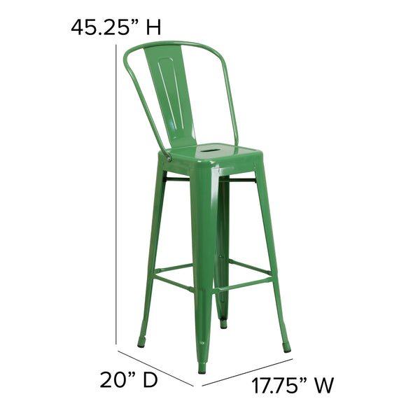 Green |#| 30inch High Green Metal Indoor-Outdoor Barstool with Back - Kitchen Furniture