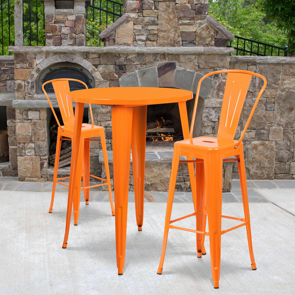Orange |#| 30inch Round Orange Metal Indoor-Outdoor Bar Table Set with 2 Cafe Stools