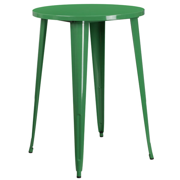 Green |#| 30inch Round Green Metal Indoor-Outdoor Bar Table Set with 2 Cafe Stools