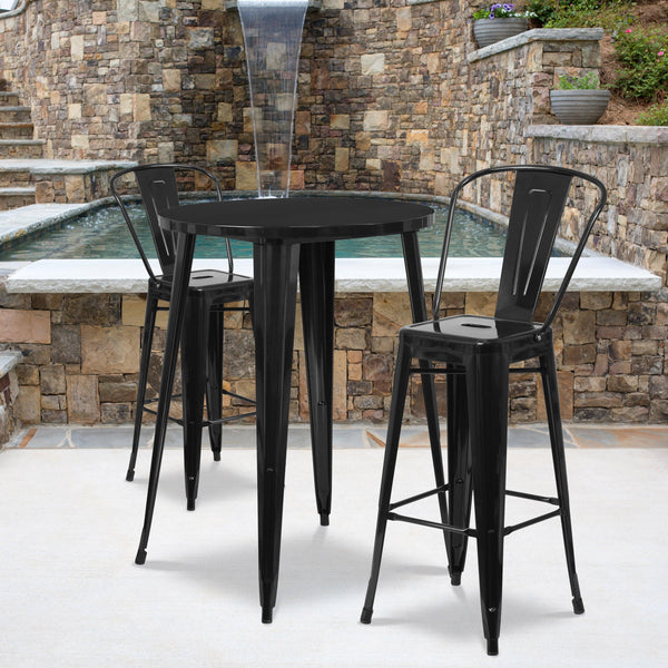 Black |#| 30inch Round Black Metal Indoor-Outdoor Bar Table Set with 2 Cafe Stools