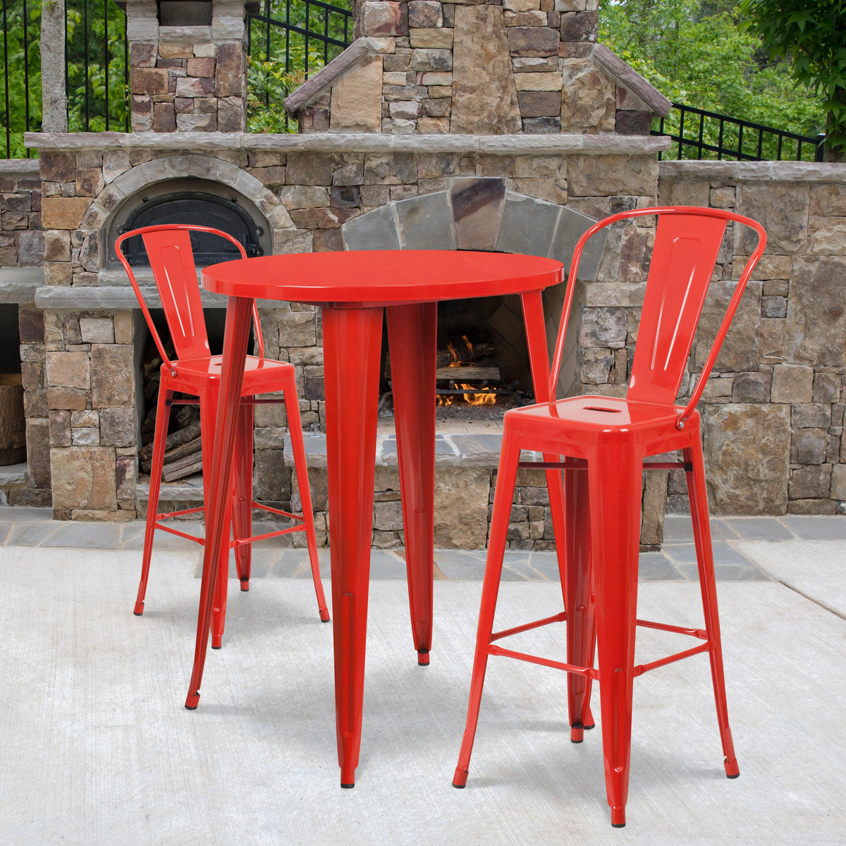 Red |#| 30inch Round Red Metal Indoor-Outdoor Bar Table Set with 2 Cafe Stools