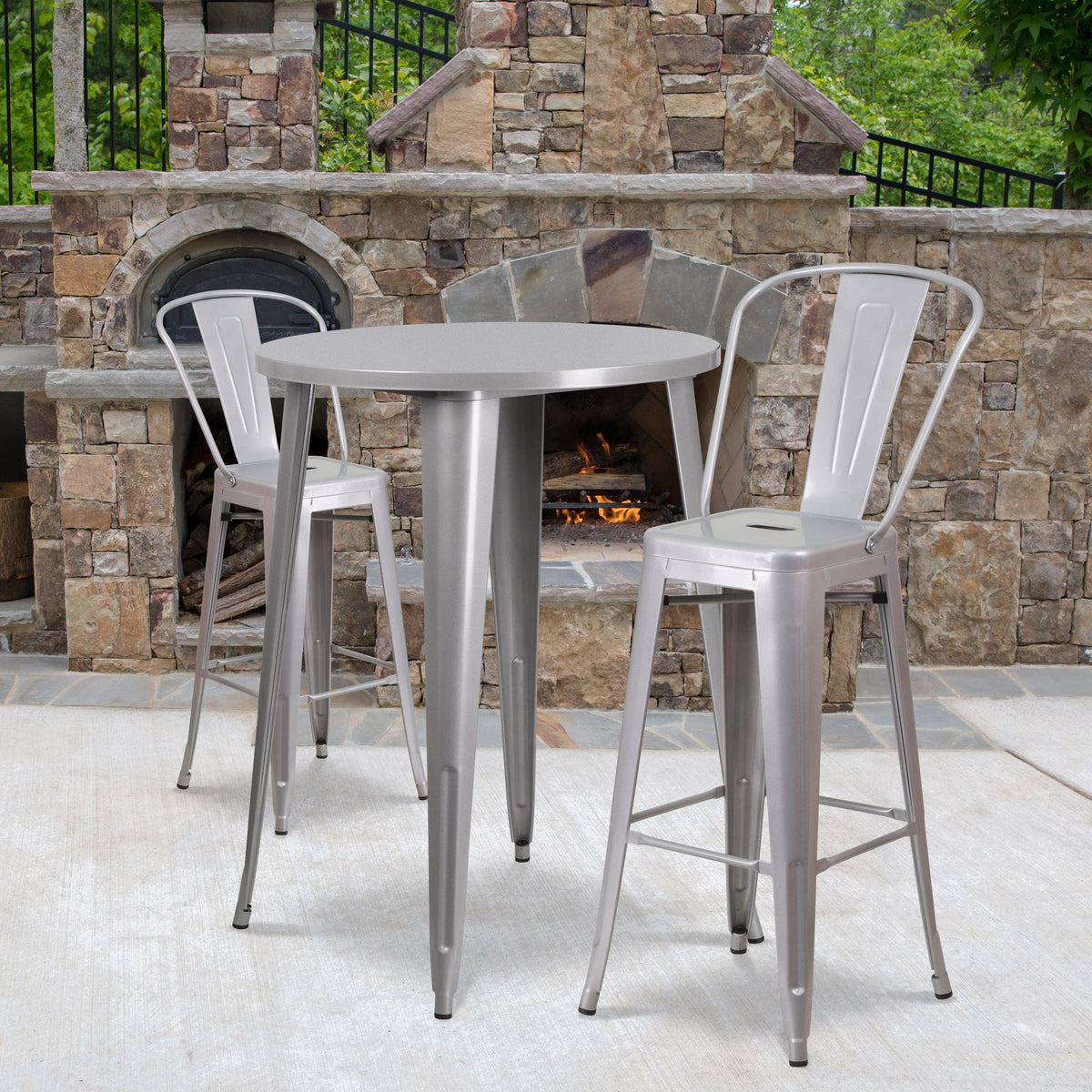 Silver |#| 30inch Round Silver Metal Indoor-Outdoor Bar Table Set with 2 Cafe Stools