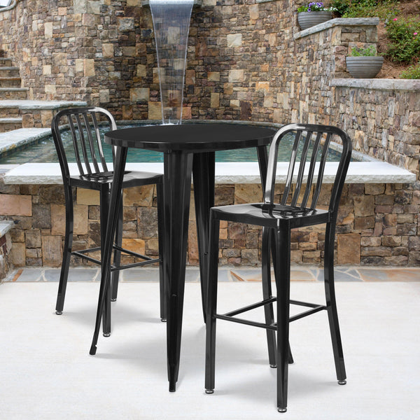 Black |#| 30inch Round Black Metal Indoor-Outdoor Bar Table Set with 2 Slat Back Stools