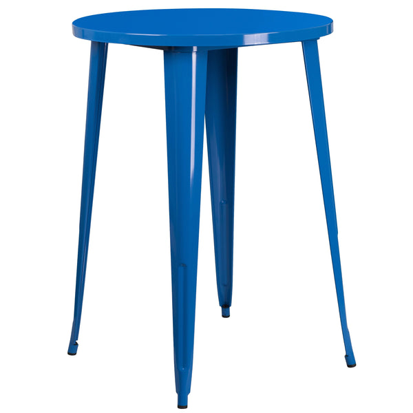 Blue |#| 30inch Round Blue Metal Indoor-Outdoor Bar Table Set with 2 Slat Back Stools
