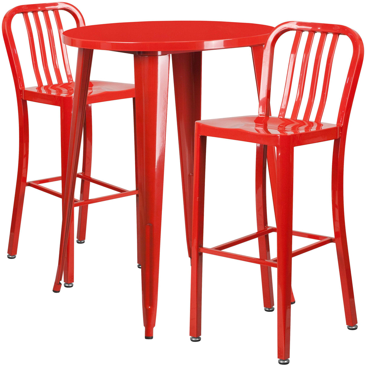 Red |#| 30inch Round Red Metal Indoor-Outdoor Bar Table Set with 2 Slat Back Stools