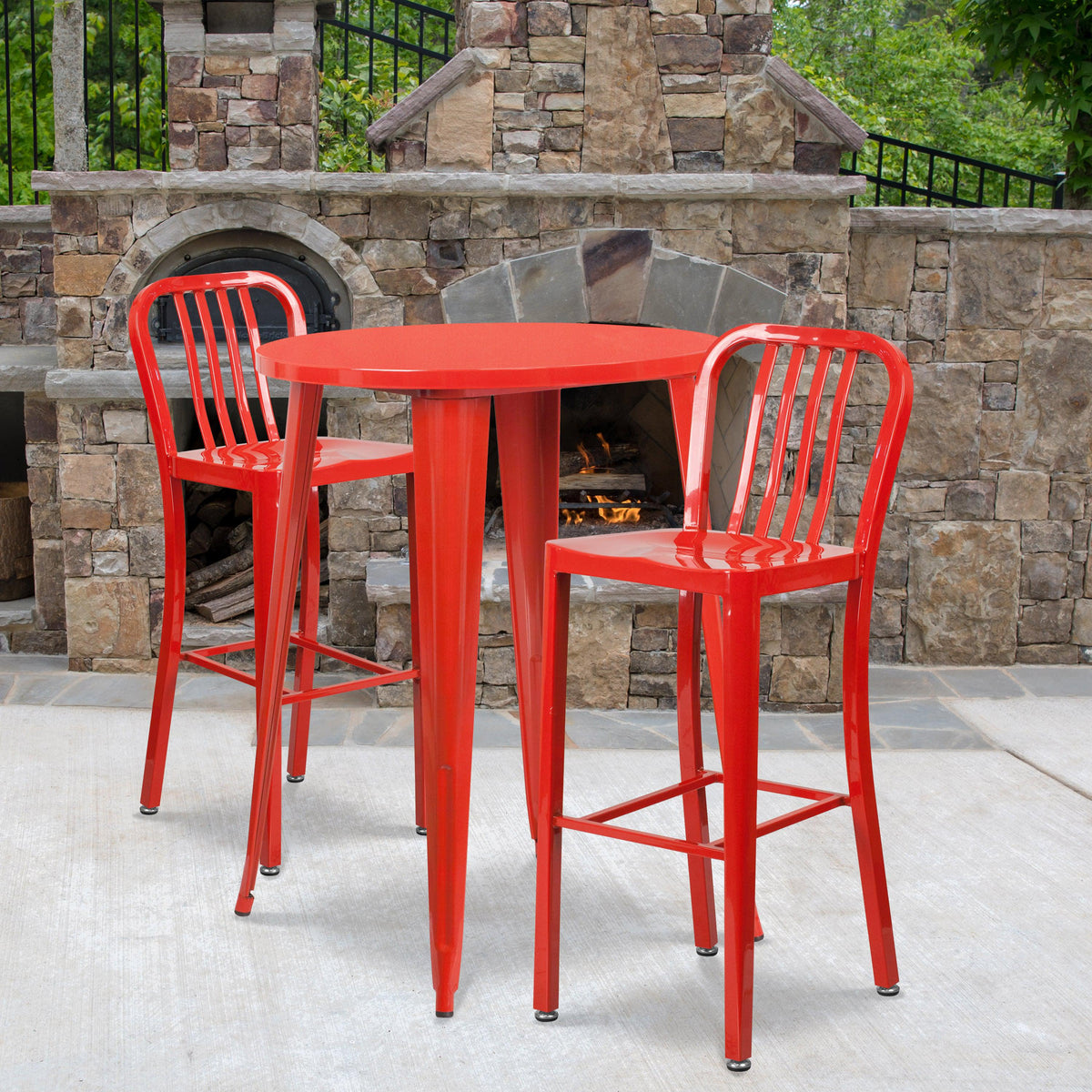 Red |#| 30inch Round Red Metal Indoor-Outdoor Bar Table Set with 2 Slat Back Stools