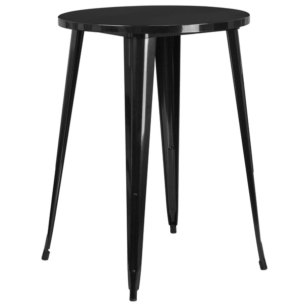 Black |#| 30inch Round Black Metal Indoor-Outdoor Bar Table Set with 2 Slat Back Stools