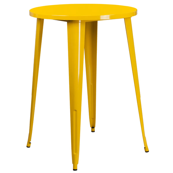 Yellow |#| 30inch Round Yellow Metal Indoor-Outdoor Bar Table Set with 2 Slat Back Stools