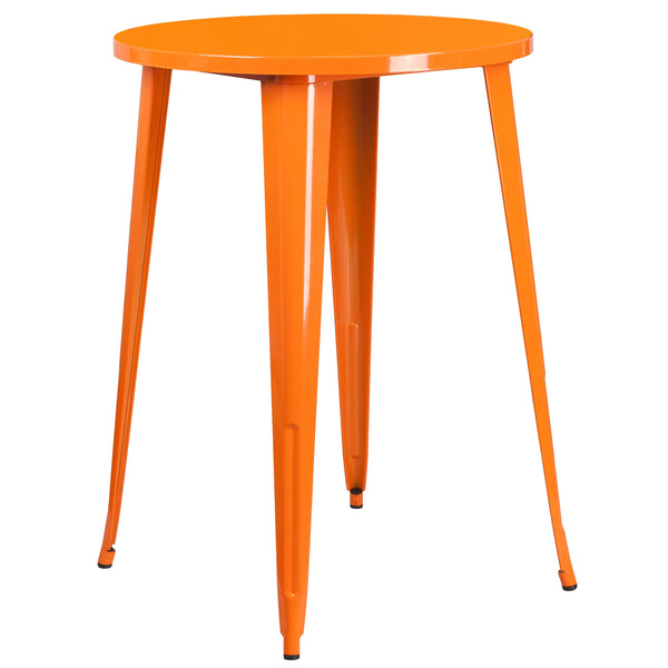 Orange |#| 30inch Round Orange Metal Indoor-Outdoor Bar Table Set with 4 Backless Stools