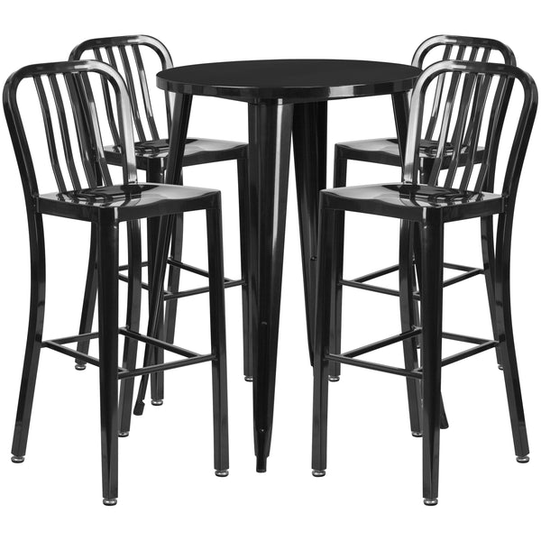 Black |#| 30inch Round Black Metal Indoor-Outdoor Bar Table Set with 4 Slat Back Stools