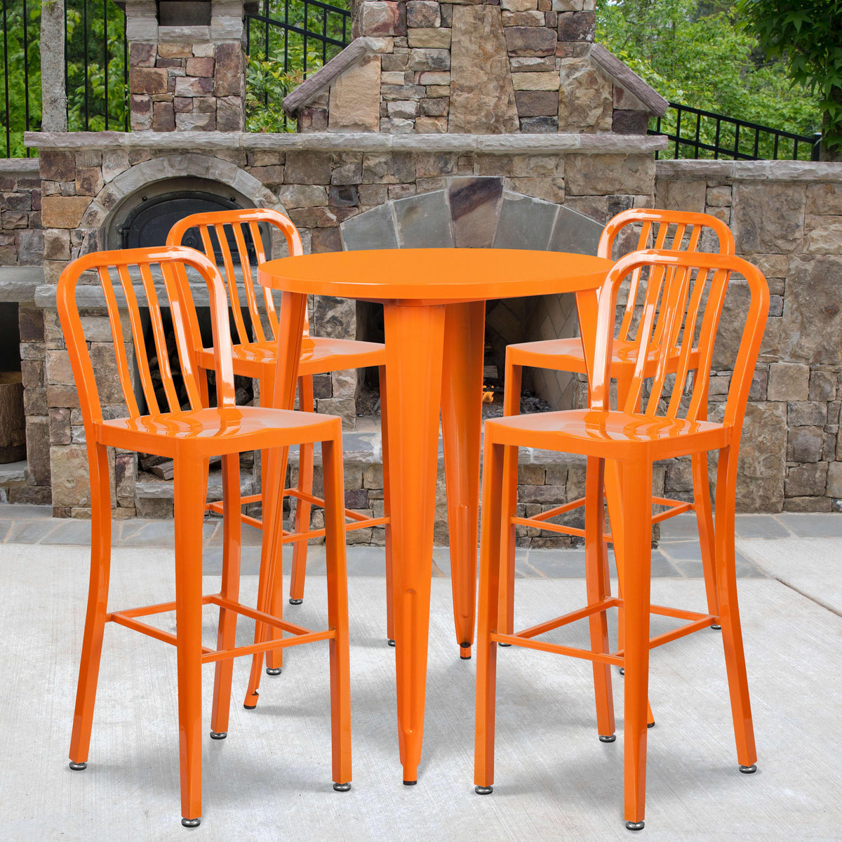 Orange |#| 30inch Round Orange Metal Indoor-Outdoor Bar Table Set with 4 Slat Back Stools