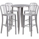 Silver |#| 30inch Round Silver Metal Indoor-Outdoor Bar Table Set with 4 Slat Back Stools