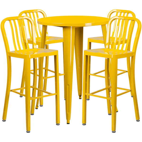 Yellow |#| 30inch Round Yellow Metal Indoor-Outdoor Bar Table Set with 4 Slat Back Stools