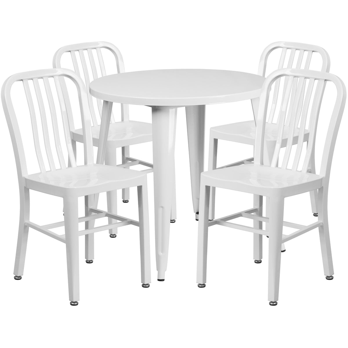 White |#| 30inch Round White Metal Indoor-Outdoor Table Set with 4 Vertical Slat Back Chairs
