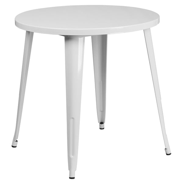 White |#| 30inch Round White Metal Indoor-Outdoor Table Set with 4 Vertical Slat Back Chairs
