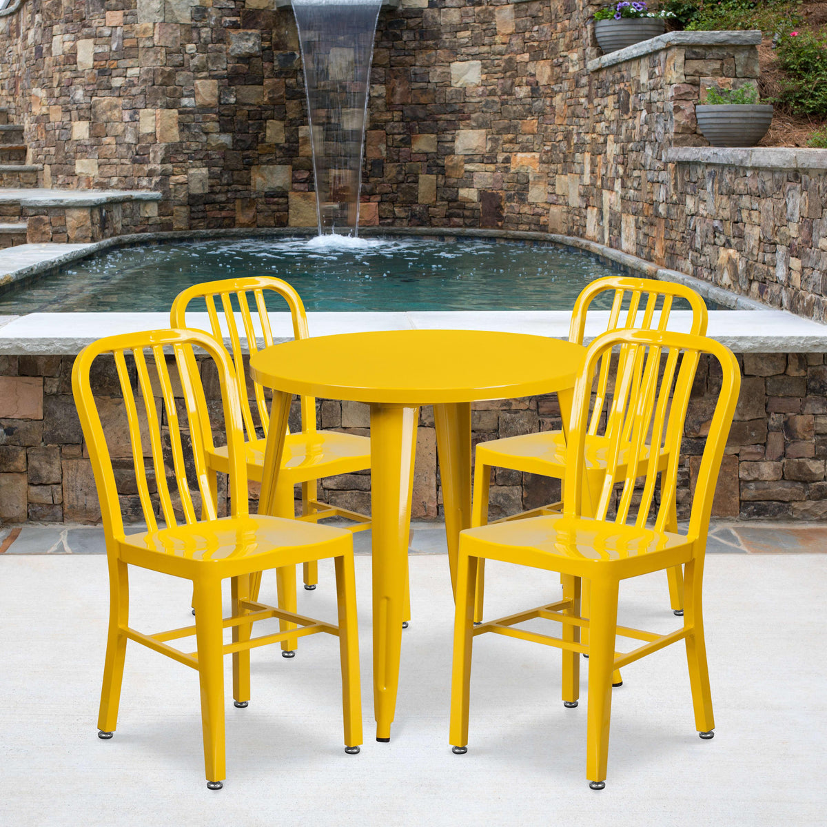 Yellow |#| 30inch Round Yellow Metal Indoor-Outdoor Table Set with 4 Vertical Slat Back Chairs