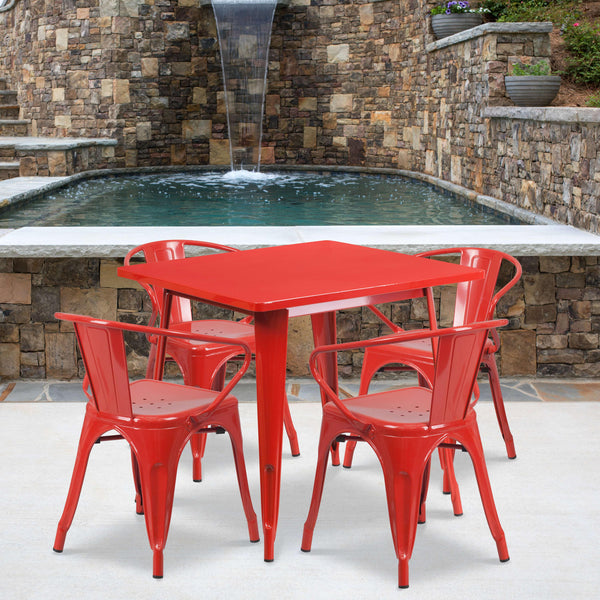 Red |#| 31.5inch Square Red Metal Indoor-Outdoor Table Set with 4 Arm Chairs