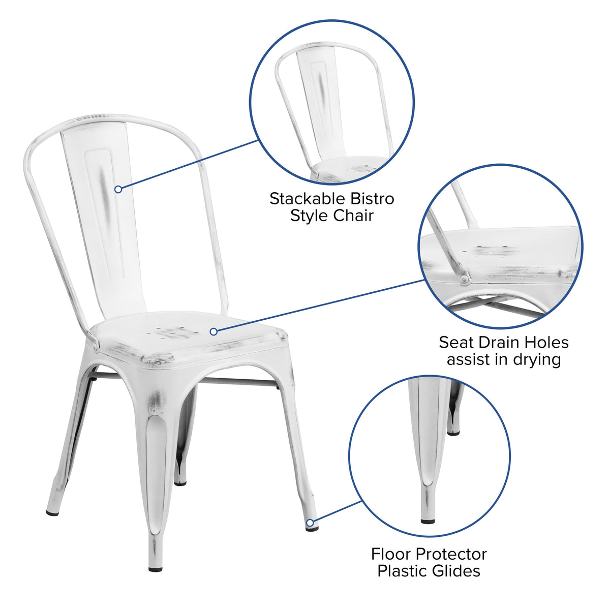 White |#| Distressed White Metal Indoor-Outdoor Stackable Chair - Kitchen Furniture