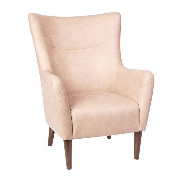 Light Brown |#| Commercial Wingback Accent Chair with Wooden Legs in Light Brown Faux Leather