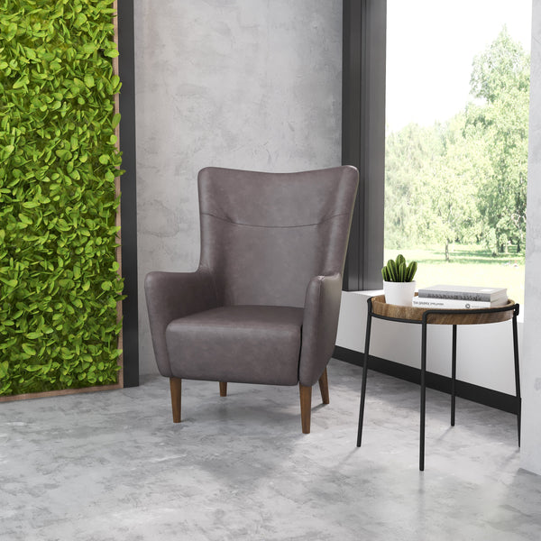 Dark Gray |#| Commercial Wingback Accent Chair with Wooden Legs in Dark Gray Faux Leather