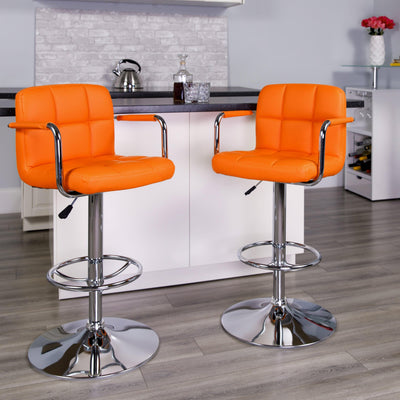 Contemporary Quilted Vinyl Adjustable Height Barstool with Arms and Chrome Base - View 2