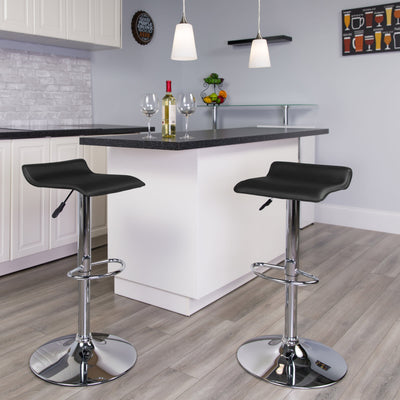Contemporary Vinyl Adjustable Height Barstool with Solid Wave Seat and Chrome Base - View 2