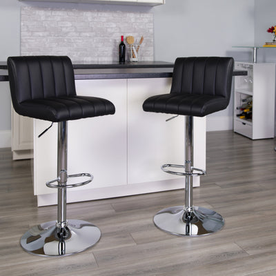 Contemporary Vinyl Adjustable Height Barstool with Vertical Stitch Back/Seat and Chrome Base - View 2