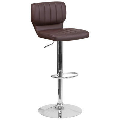 Contemporary Vinyl Adjustable Height Barstool with Vertical Stitch Back and Chrome Base - View 1