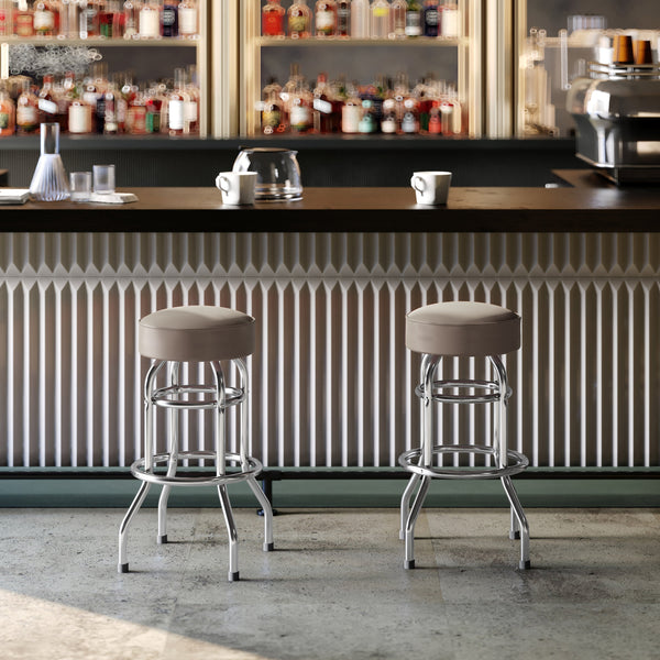 Beige |#| Backless Double Ring Chrome Swivel Barstool with Beige Vinyl Seat