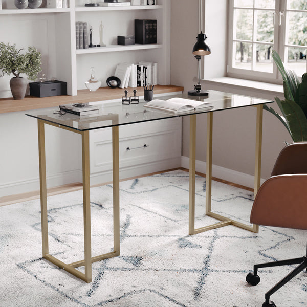 Clear Top/Polished Brass Frame |#| Tempered Glass Top Home Office Desk with Steel Frame in Polished Brass