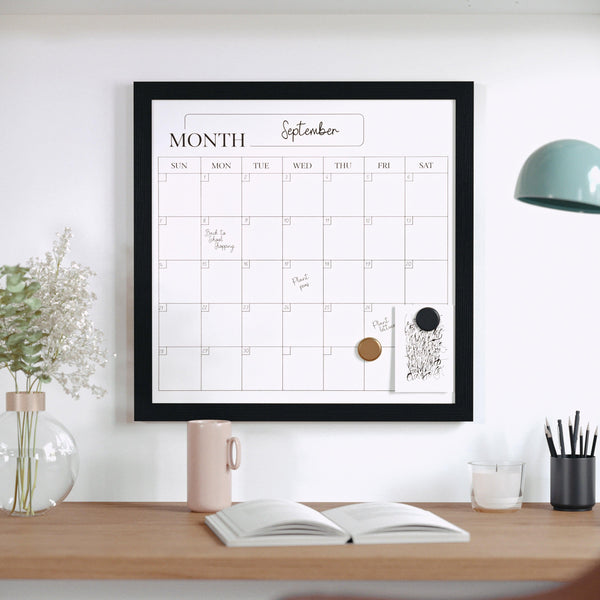 Black Woodgrain |#| Dry Erase Magnetic Monthly Calendar and with Black Woodgrain Frame - 18" x 18"