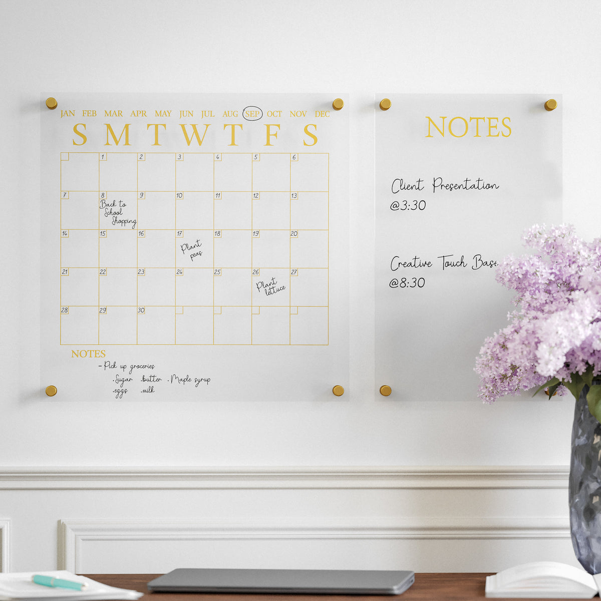 Clear/Gold |#| Premium Clear Acrylic Monthly Wall Calendar and Notes Board with Gold Printing